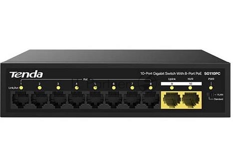 Коммутатор Tenda SG110PC, 8×1 Гбит/с PoE + 2×1 Гбит/с Uplink, неуправляемый