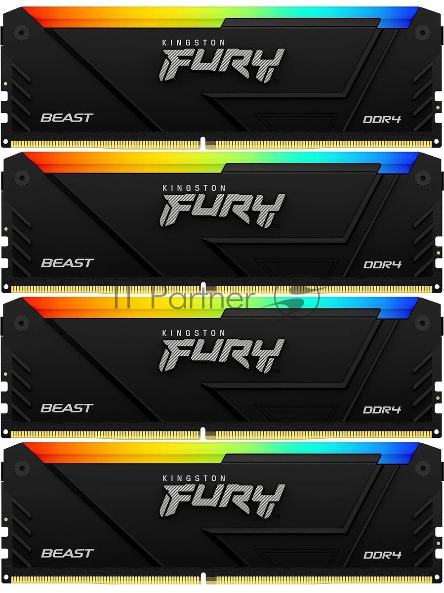 Оперативная память Kingston Fury Beast, DDR4, 64Gb (4x16Gb), 3200MHz, CL16, DIMM, с радиатором, RGB, черный
