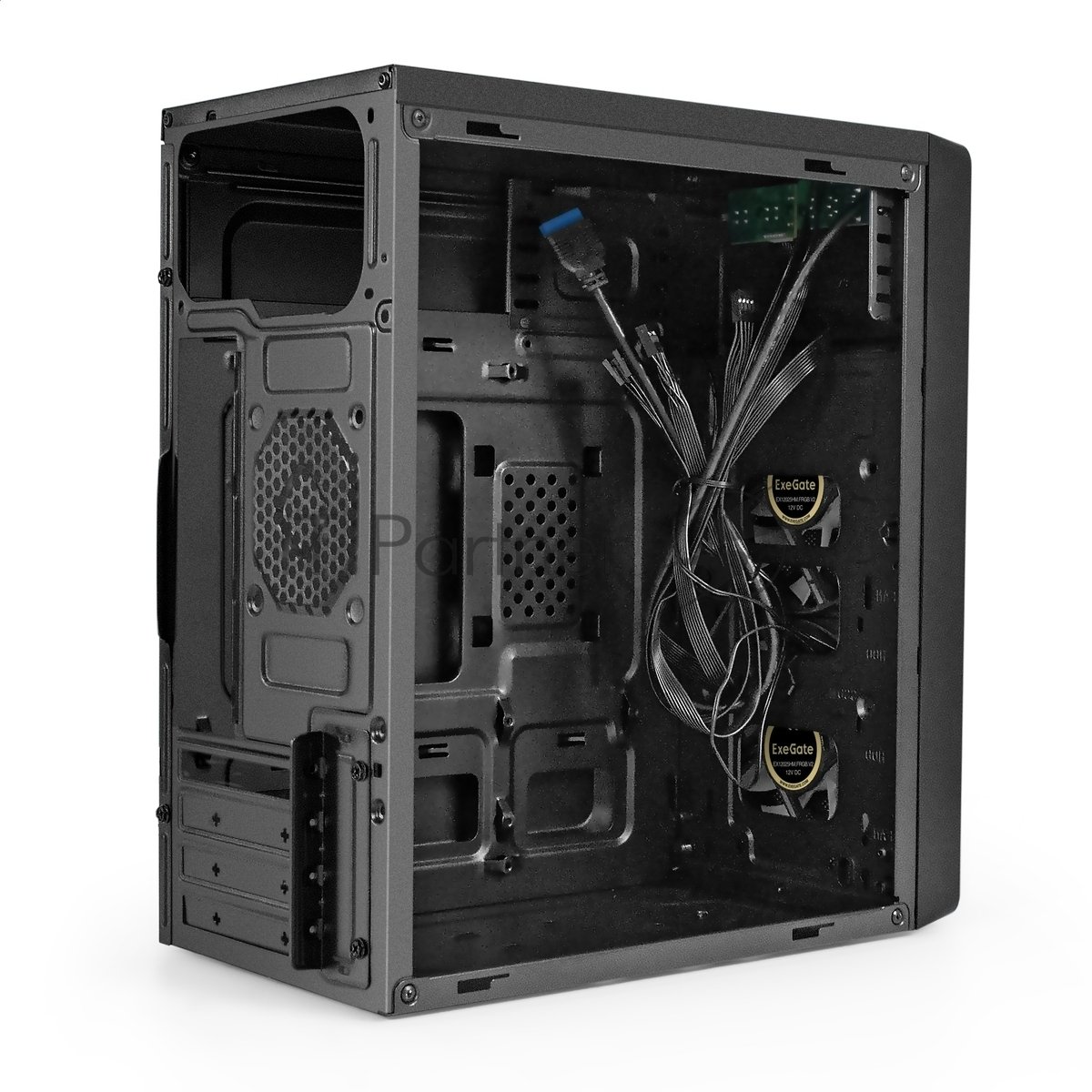 Exegate EX296980RUS Корпус Minitower ExeGate mEVO-7803-XP400 (mATX, БП XP400 с вент. 12см, 2*USB+1*USB3.0, HD аудио, черный, 2 вент. 12см с RGB подсветкой)