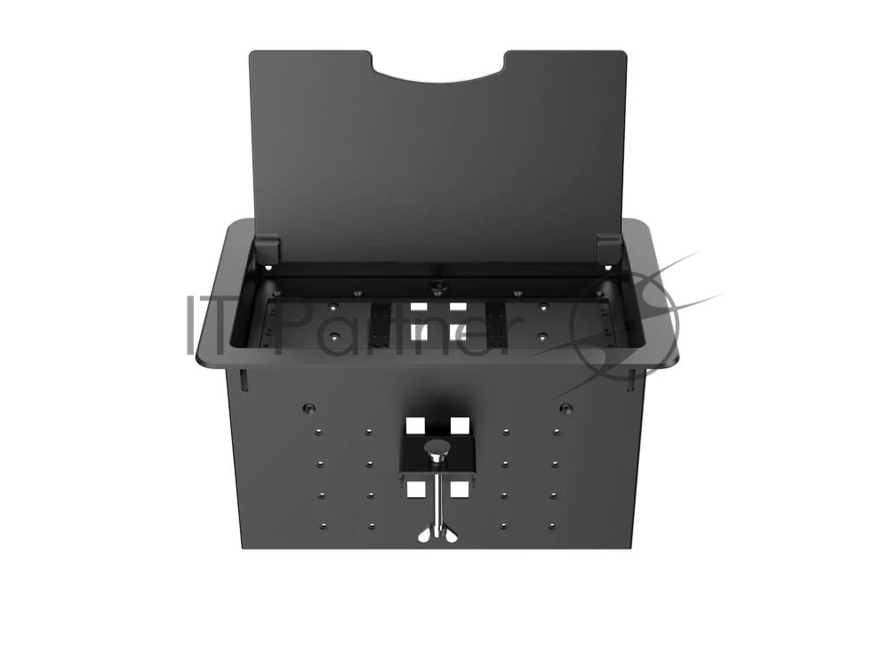 Прямоугольный металлический корпус Wize Pro WRTS-12BOX-B для модульной системы врезного лючка в стол с откидывающейся крышкой, до12 модулей-вставок, беспроводная зарядка 10Вт для моб.устройств на крышке, преустановленная рамка,черный