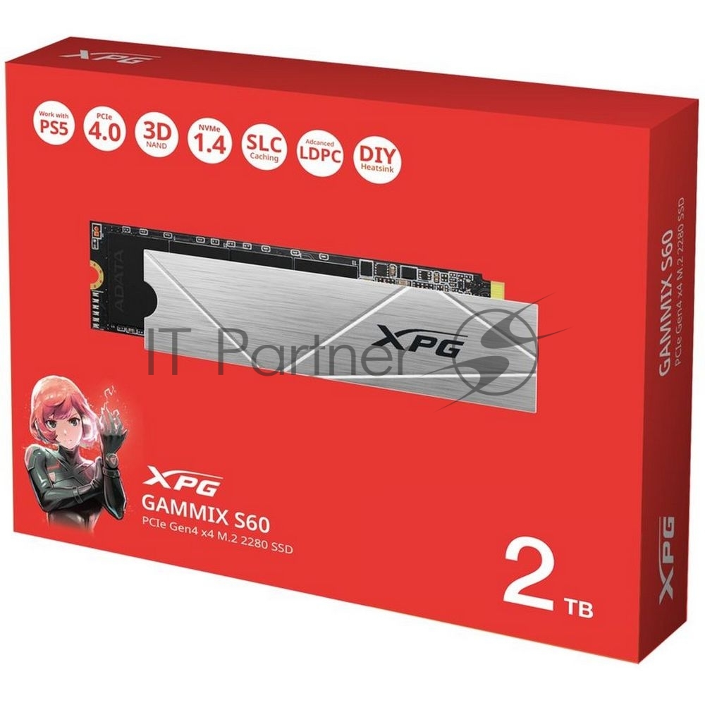 Накопитель SSD ADATA XPG GAMMIX S60, 2Tb, PCIe 4.0 x4, M.2 2280, NVMe, R/W 5000/4200, с радиатором