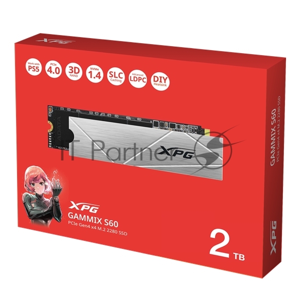 Накопитель SSD ADATA XPG GAMMIX S60, 2Tb, PCIe 4.0 x4, M.2 2280, NVMe, R/W 5000/4200, с радиатором