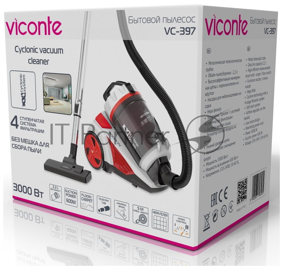 Пылесос Viconte VC-397 белый/красный, 600/3000 Вт, уборка сухая, пылесборник контейнер 2.2 л