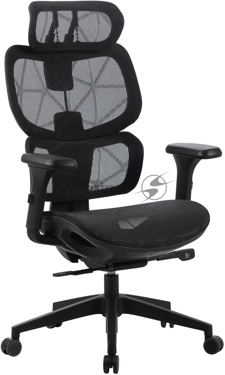 Кресло Cactus CS-MC555-BK черный, сетка, 150 кг, подголовник, регулируемые подлокотники, механизм качания