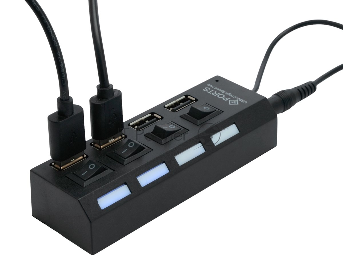 <088194> Концентратор USB-A - 4-port USB2.0, Gembird UHB-U2P4-02 с подсветкой и выключателем, блистер [UHB-U2P4-02A]