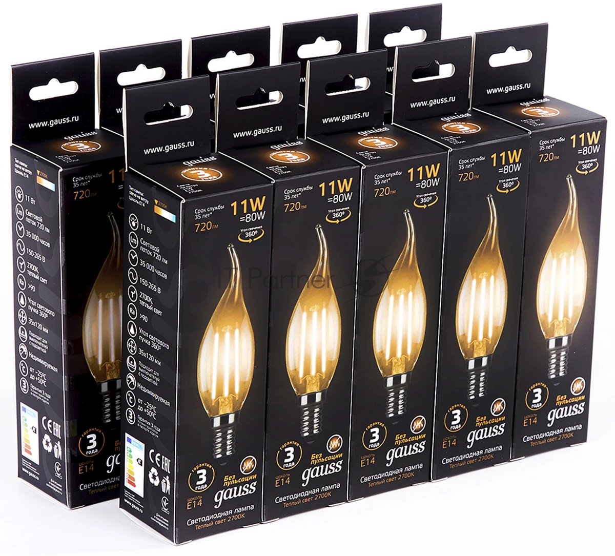 Лампа светодиодная филаментная Gauss Filament 11Вт цок.: E14 свеча 220B св. свеч. бел. теп. CF35 (упак.: 10 шт)
