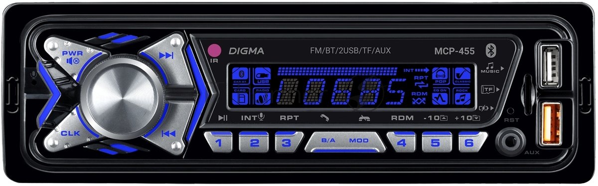 Автомагнитола Digma MCP-455, 1 DIN, Bluetooth, USB Type-A, AUX, пульт ДУ