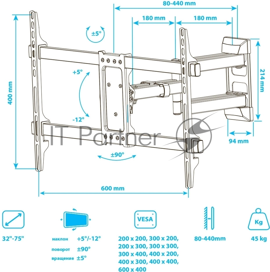 Кронштейн для телевизора Kromax CORBEL-10, 22"-75", макс. 32кг, настенный, поворот и наклон