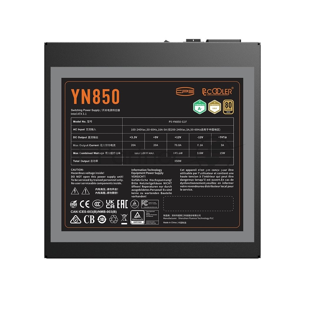Блок питания PCCOOLER, 850W 80+ Gold (ATX, 3.1, PCIe 5.1 600W, Full modular, 1x24(20+4)pin 550мм, 2xCPU 8(4+4)pin 650мм, 3xPCIe 8(6+2)pin 500мм, 1x12V(2x6) 12+4pin 650мм, 3xSATA*3+MOLEX4pin*1 450+120+120+120мм, Active, 135x135mm, 150x150x86mm, APFC, OVP, UVP, OCP, SCP, OTP, OPP, SPD)