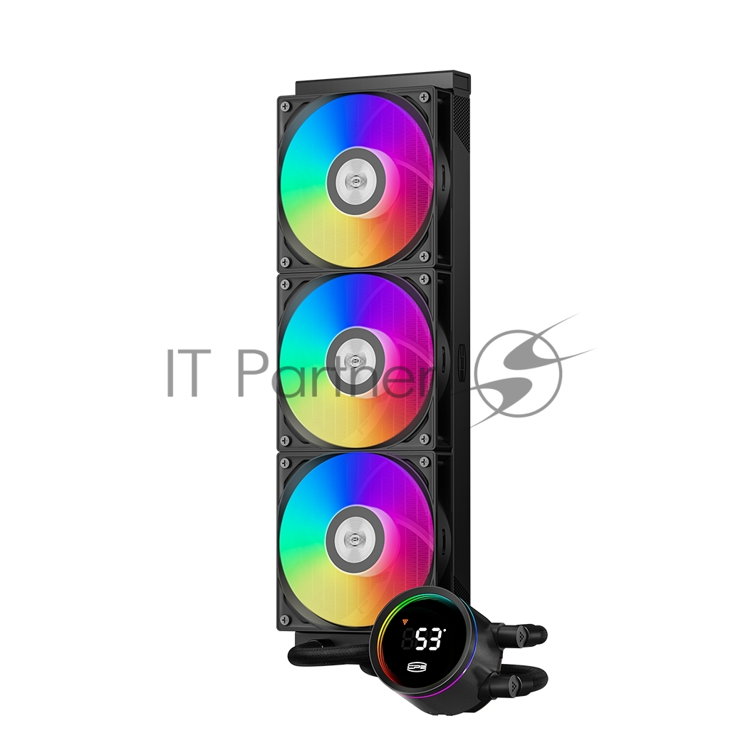 Система охлаждения PCCooler DA360 Pro ARGb Digital BK (300W, 360мм, LED temp., Black, ARGb/Fans: 3x120мм, 75.8CFM, 33.7dBA, 2200RPM/Pump height 57мм, 28dBA, 3000RPM, Rad thickness 27мм/S: 1851, 1700, 1200, 20XX, 115X, AM5, AM4)
