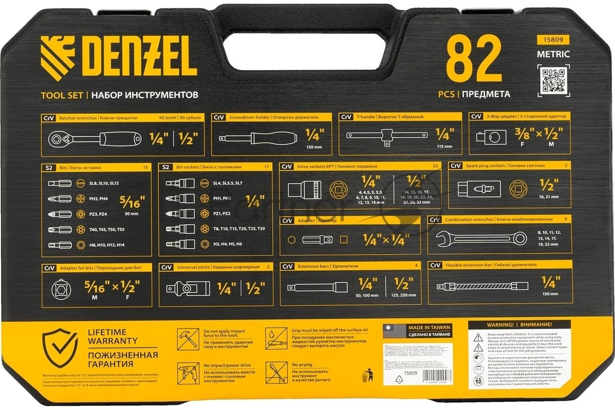 Набор инструментов Denzel 1/2", 1/4", CrV, S2, пластиковый кейс, 82 предмета