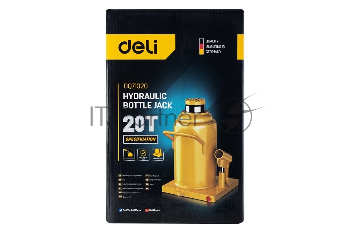 Грузоподъёмное оборудование Deli Домкрат бутылочный гидравлический Deli DQ71020 макс.грузоподъемность 20 т, высота подхвата 240мм, высота подъема 460мм, рабочий ход 160мм, ход выдвижного винта 60мм