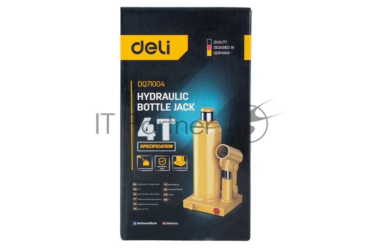 Грузоподъёмное оборудование Deli Домкрат бутылочный гидравлический Deli DQ71004 макс.грузоподъемность 4 т, высота подхвата 190мм, высота подъема 370мм, рабочий ход 120мм, ход выдвижного винта 60мм