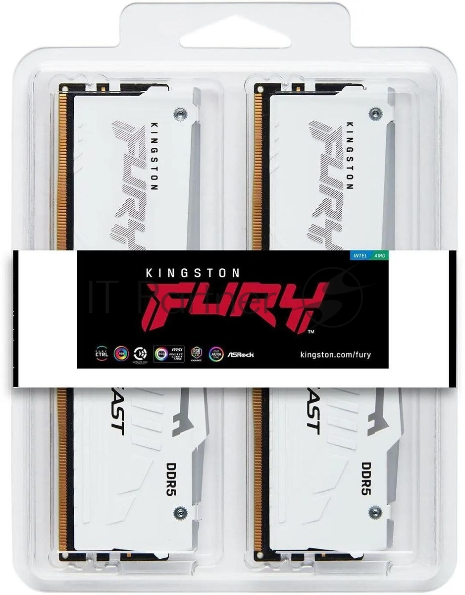 Оперативная память Kingston Fury Beast, DDR5, 32Gb (2x16Gb), 5200MHz, CL40, DIMM, с радиаторами, RGB, белый