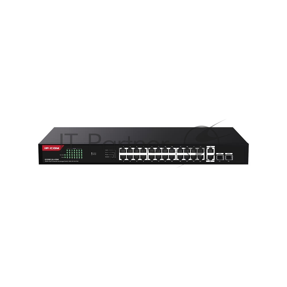 IP-COM G1128P-24-410W Коммутатор неуправляемый PoE, 28 портов, 26x1 Гбит/с, SFP 2x1 Гбит/с, PoE 24x30 Вт (до 370 Вт)
