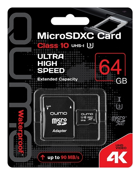Micro SecureDigital 64Gb QUMO QM64GMICSDXC10U3BL {MicroSDXC Class 10 UHS-I, SD adapter}