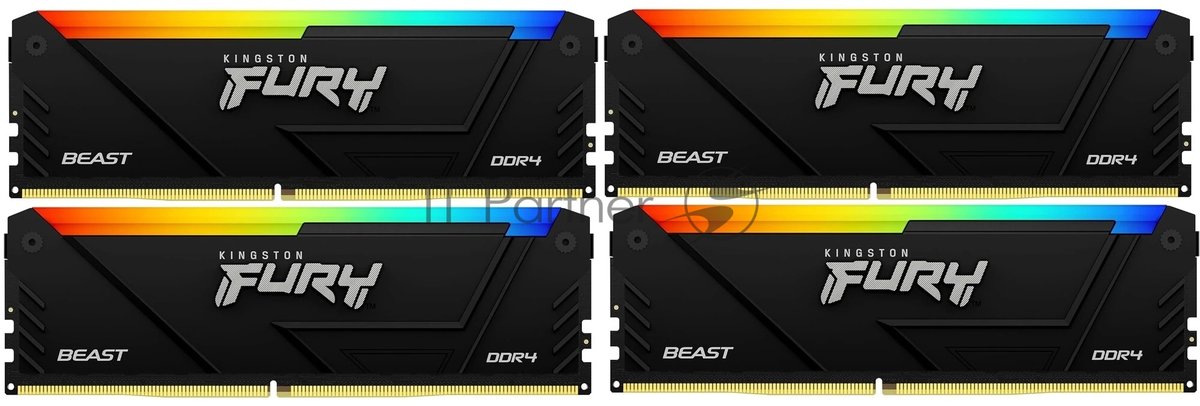 Оперативная память Kingston Fury Beast, DDR4, 64Gb (4x16Gb), 3200MHz, CL16, DIMM, с радиатором, RGB, черный