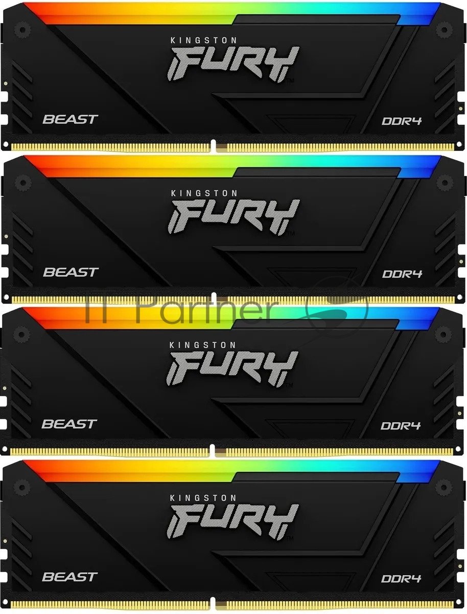 Оперативная память Kingston Fury Beast, DDR4, 64Gb (4x16Gb), 3200MHz, CL16, DIMM, с радиатором, RGB, черный