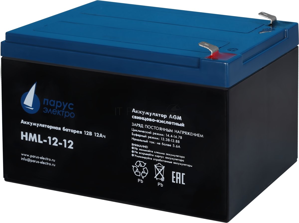 Battery Parus Electro, professional series HML-12-12, voltage 12V, capacity 12Ah (discharge 20 hours), max. discharge current (5sec) 180A, max. charge current 4.8A, lead-acid type AGM, terminals F2, LxWxH 151x98x95mm., full height with terminals 101mm., weight 4kg., service life 12 years.