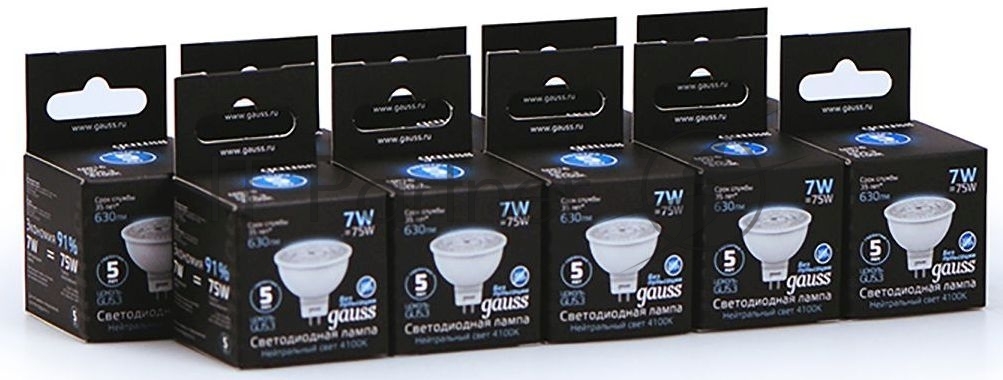 Лампа светодиодная Gauss Black 7Вт цок.: GU5.3 рефлек. 220B 4100K св. свеч. белый. нейт. MR16 (упак.: 10 шт)