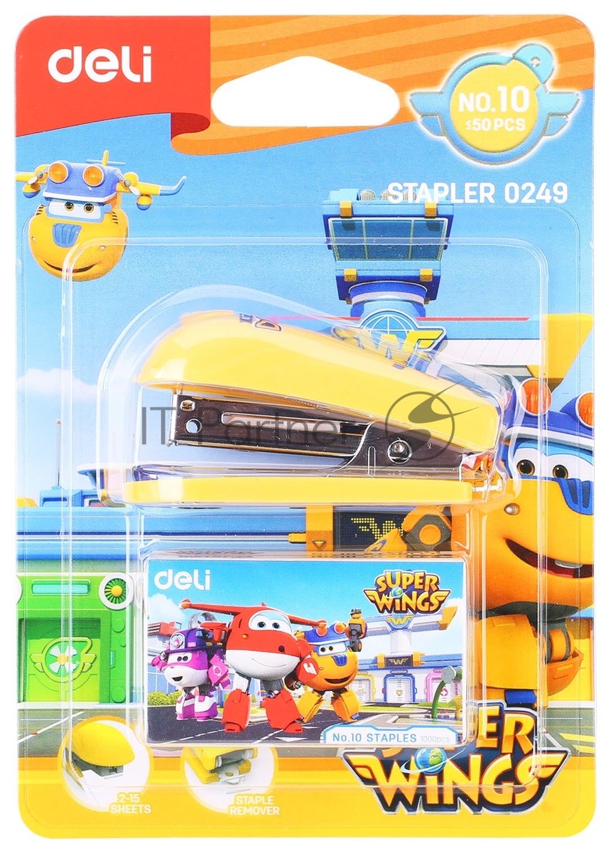 Степлер настольный Deli E0249 Super Wings 24/6 26/6 (12 листов), ассорти, 40 скоб, металл/пластик блистер
