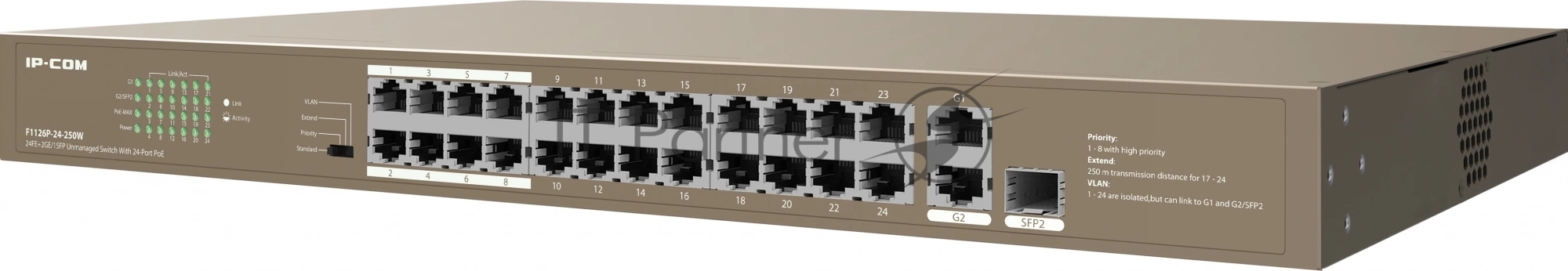 Коммутатор IP-COM F1126P-24-250W Коммутатор неуправляемый PoE, 26 портов 24x100 Мбит/с, 2x1 Гбит/с, RJ-45/SFP 1x1 Гбит/с, PoE 24х30 Вт (до 230Вт), установка в стойку, металлический