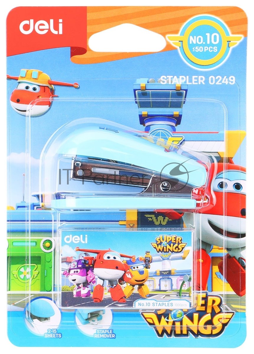 Степлер настольный Deli E0249 Super Wings 24/6 26/6 (12 листов), ассорти, 40 скоб, металл/пластик блистер