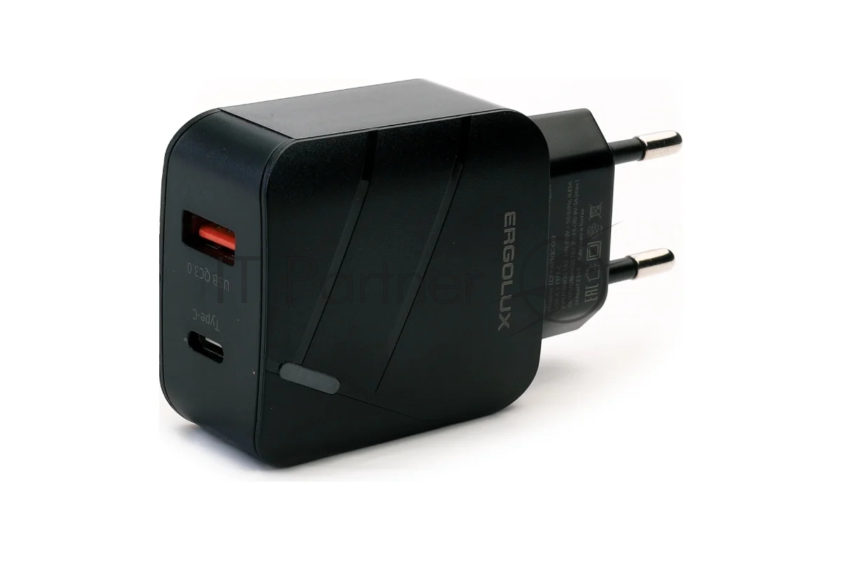Сетевое зарядное устройство Ergolux ELX-РA01QC-C02 1USB+1Type C 100-220В 5-9В/3А QC коробка черный Ergolux