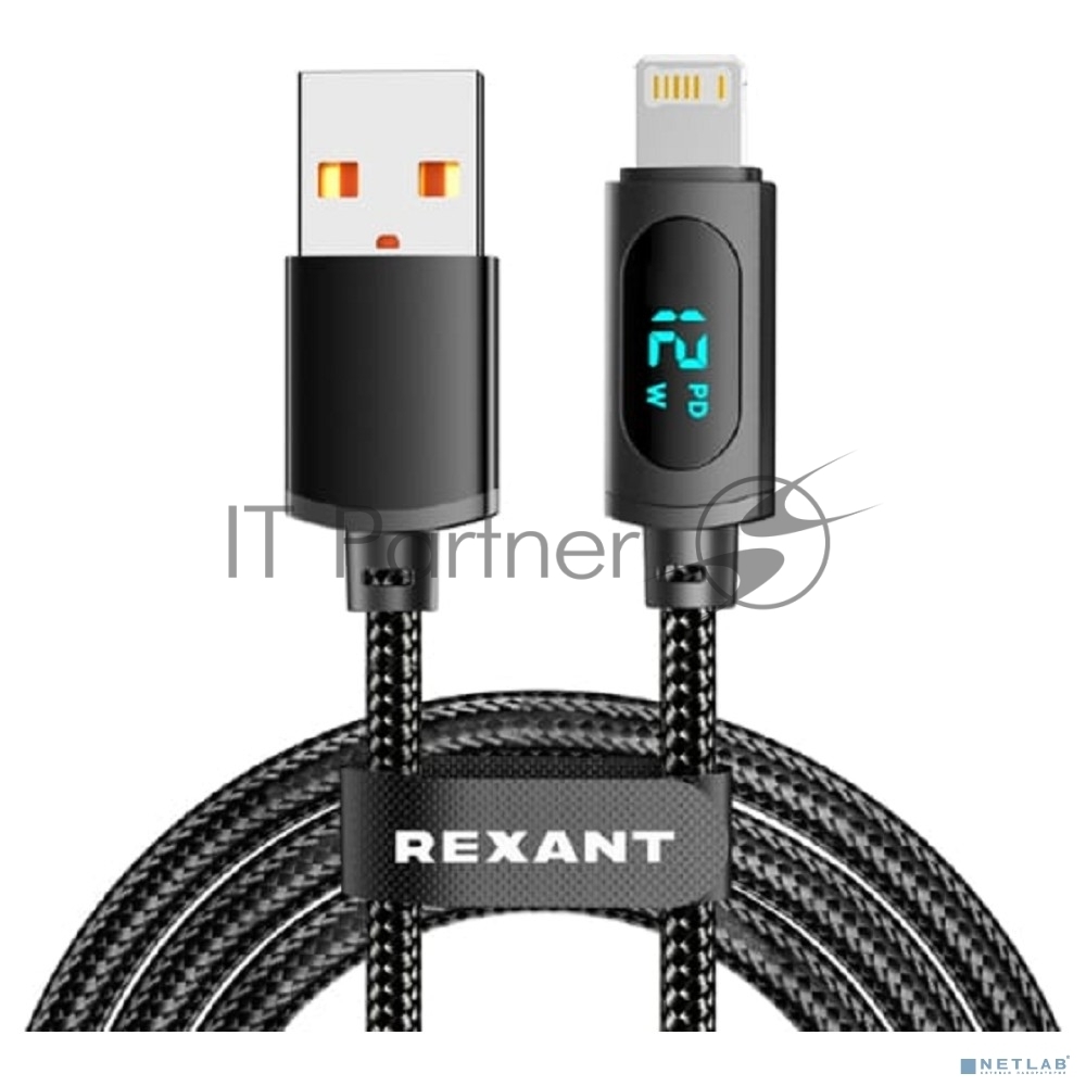 Rexant (18-7062) Кабель USB-A – Lightning для Apple, 2,4А, 1м, в черной нейлоновой оплетке, c LED дисплеем