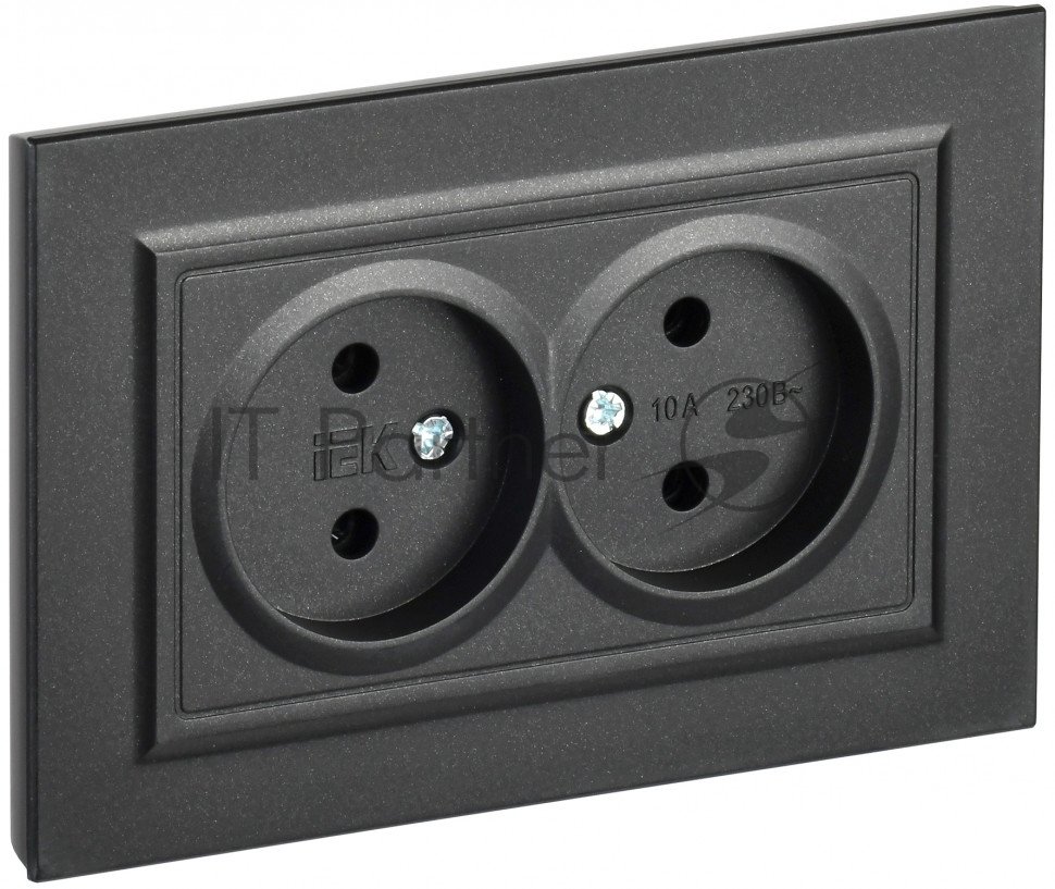 Розетка 2-местная IEK BRITE РС12-2-БрЧ (BR-R20-10-K02-F) 10А, в сборе, без заземления без защитных шторок, черный