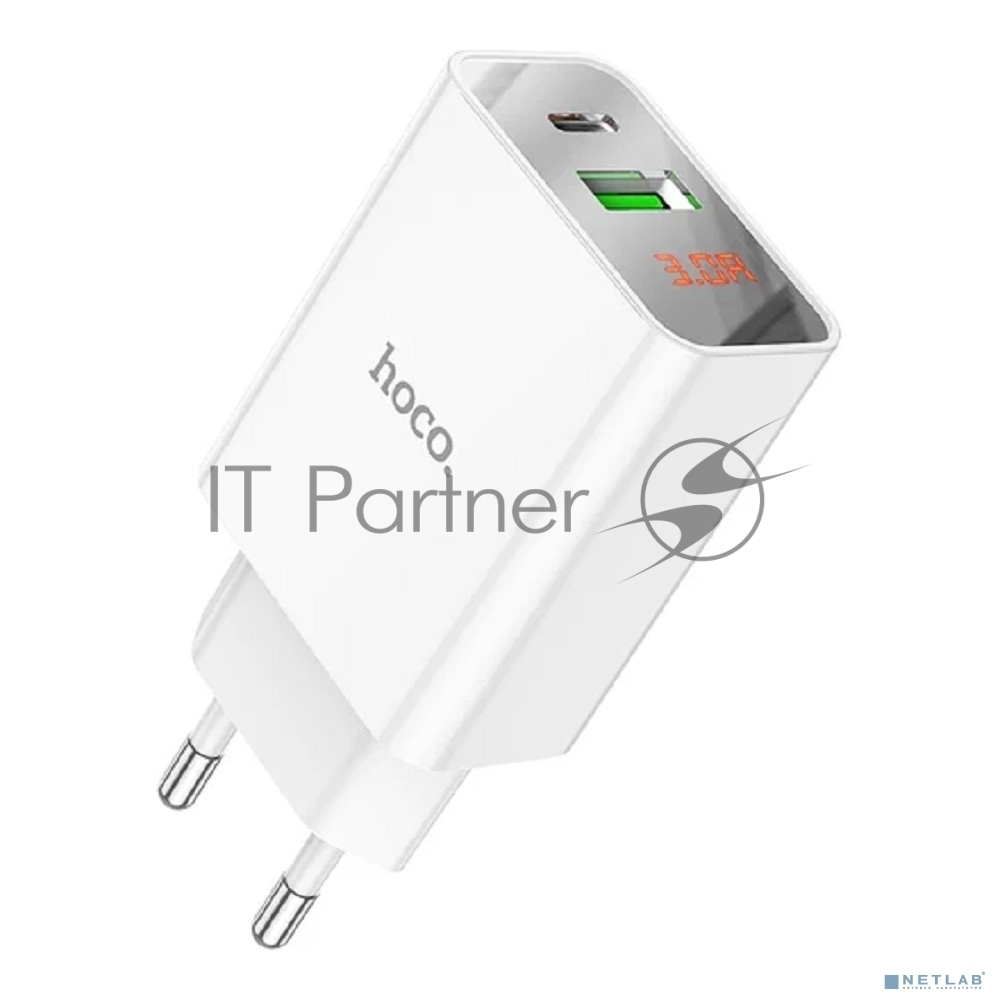 Сетевое зарядное устройство с дисплеем Hoco 18Вт, 3А, QC3.0/PD, 1хUSB, 1хType-C, C100A, белый, коробка