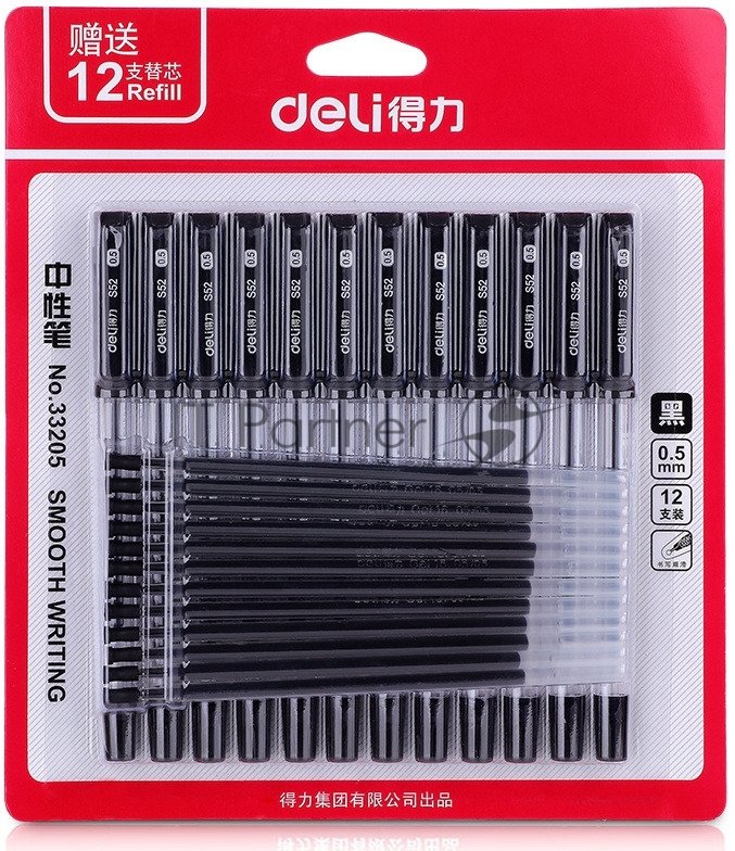 Набор ручек гелевых Deli 33205-BK прозрачный/черный, черные чернила, блистер (12шт), линия 0.5мм, резиновая манжета 12 ручек + 12 сменных стержней