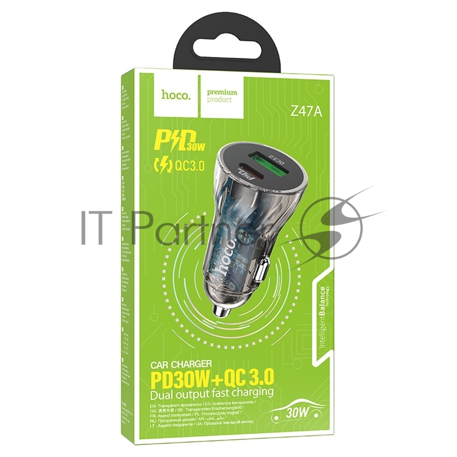 Автомобильная зарядка HOCO Z47A прозрачный 1xUSB-1xUSB-C, 3А PD30W QC3.0, черный