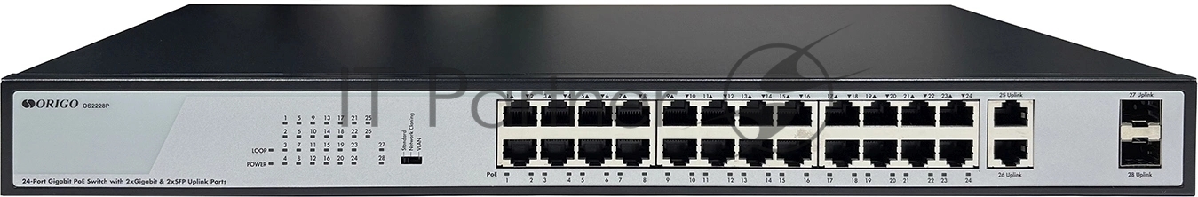 Коммутатор Origo OS2228P/370W/B1A, 26×1 Гбит/с (24 PoE+) + 2×1 Гбит/с SFP, неуправляемый