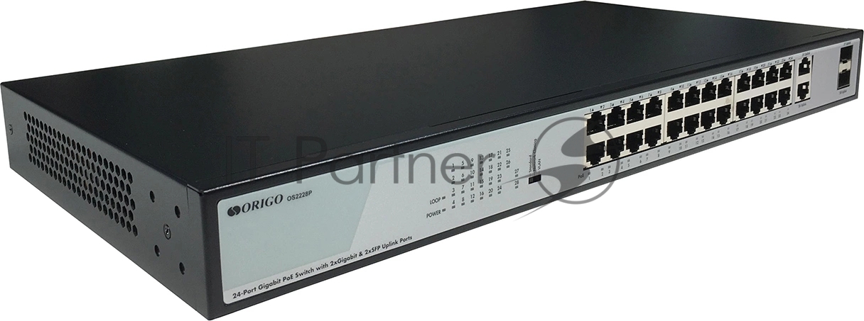 Коммутатор Origo OS2228P/370W/B1A, 26×1 Гбит/с (24 PoE+) + 2×1 Гбит/с SFP, неуправляемый