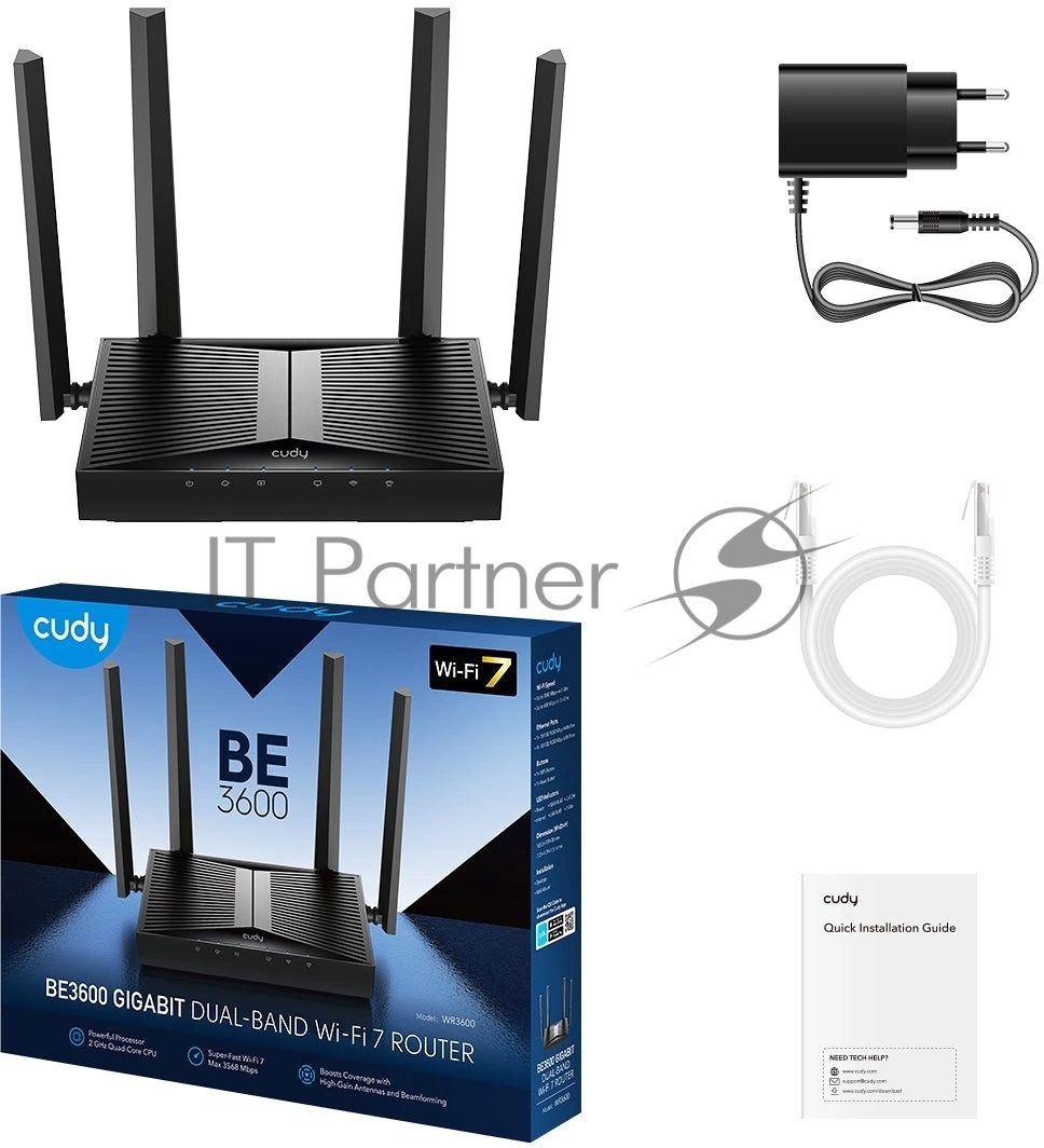 Маршрутизатор Cudy BE3600 Gigabit Dual Band Wi-Fi 7 Mesh Router, Chipset Broadcom, 802.11be/ax/ac/a/b/g/n, 2882Mbps at 5GHz + 688Mbps at 2.4GHz, 5 x 10/100/1000Mbps Ports, 4 x 5dBi fixed antennas, WiFi router/AP/Repeater/WISP Mode, PPTP/L2TP/OpenVPN/WireGuard, MLO, MU-MIMO, Guest network, WPS, DDNS, IPv6, IPTV, WOL, WPA3, TR069/TR098/TR111/TR181, Cudy APP