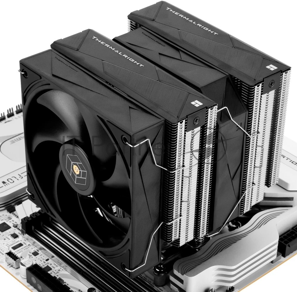 Кулер для процессора Thermalright Royal Pretor 130 (4-pin PWM, 158мм, Ni/Cu, 6x6мм, 1x120+1x130мм, 80.45CFM/81.88CFM, 29.4dBA/28.3dBA, 2150PM/1750RPM, S: 1200, 1700, 1851, 2011, 2066, 115X, AM4, AM5, silver, black)