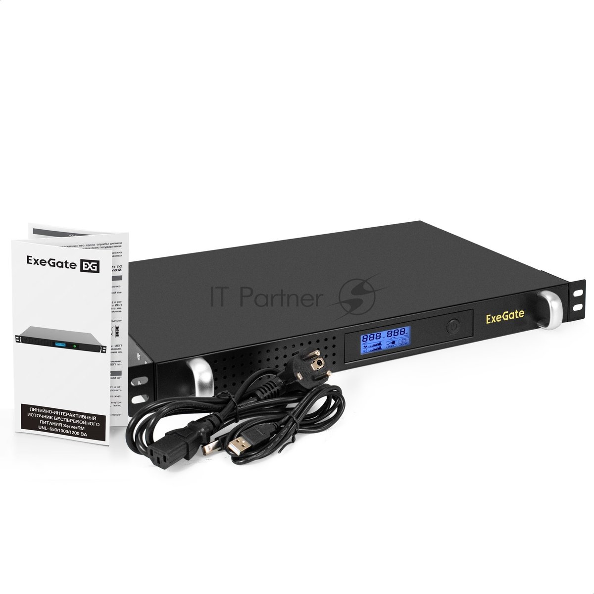 Источник бесперебойного питания ExeGate 1U ServerRM UNL-650.LCD.AVR.4C13.RJ.USB.1U 650VA/360W, LCD, AVR, 4*C13, RJ, USB, 1U, установка в стойку, черный