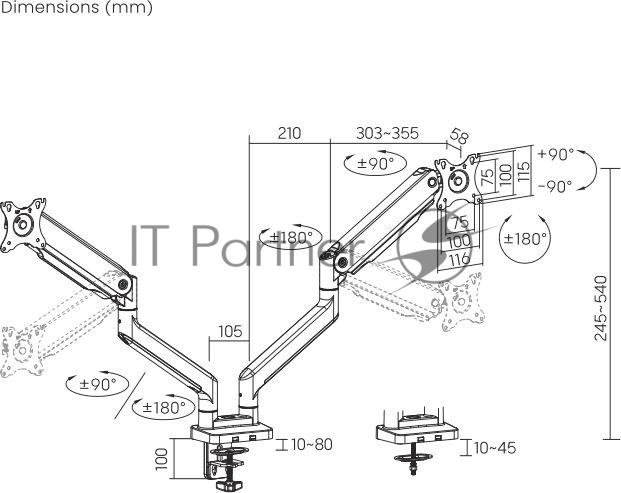 Кронштейн для мониторов Ultramounts UM731 черный 17"-35" макс.16кг крепление к столешнице поворот и наклон