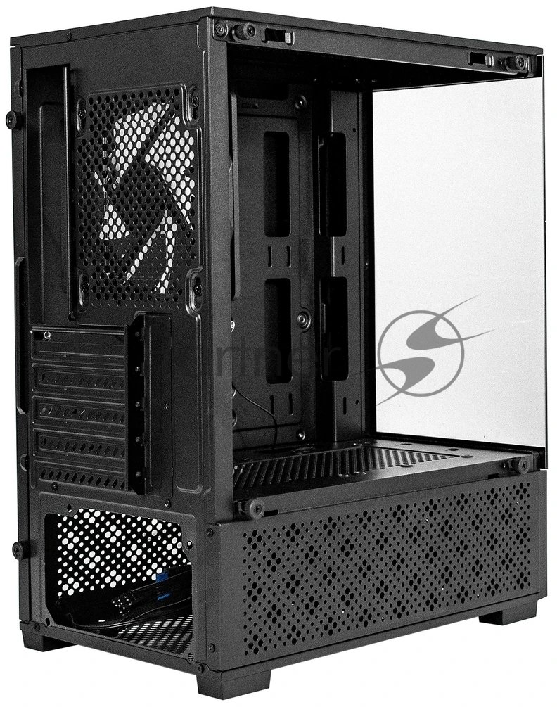 Exegate EX298221RUS Корпус Minitower ExeGate i3 SEA (mATX, без БП, 1*USB+1*USB3.0, HD аудио, черный, 1 вент. 12см с RGB подсветкой, передняя и боковая панели - закаленное стекло)