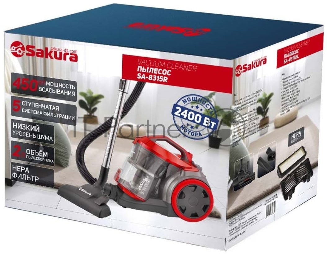 Пылесос Sakura SA-8315R красный/черный, 450/2400 Вт, уборка сухая, пылесборник контейнер 2 л