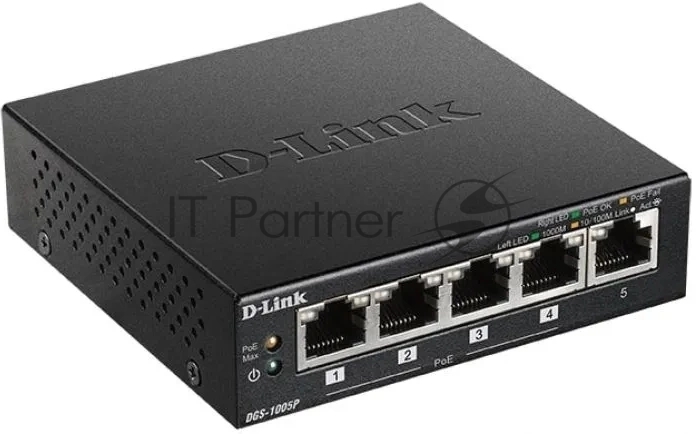 DGS-1005P/B3A - Коммутатор, D-Link, DGS-1005P/B3A, Настольный, неуправляемый, 5 портов 10/100/1000M RJ45, (4 порта PoE 802.3af/at, PoEбюджет 60 Вт)