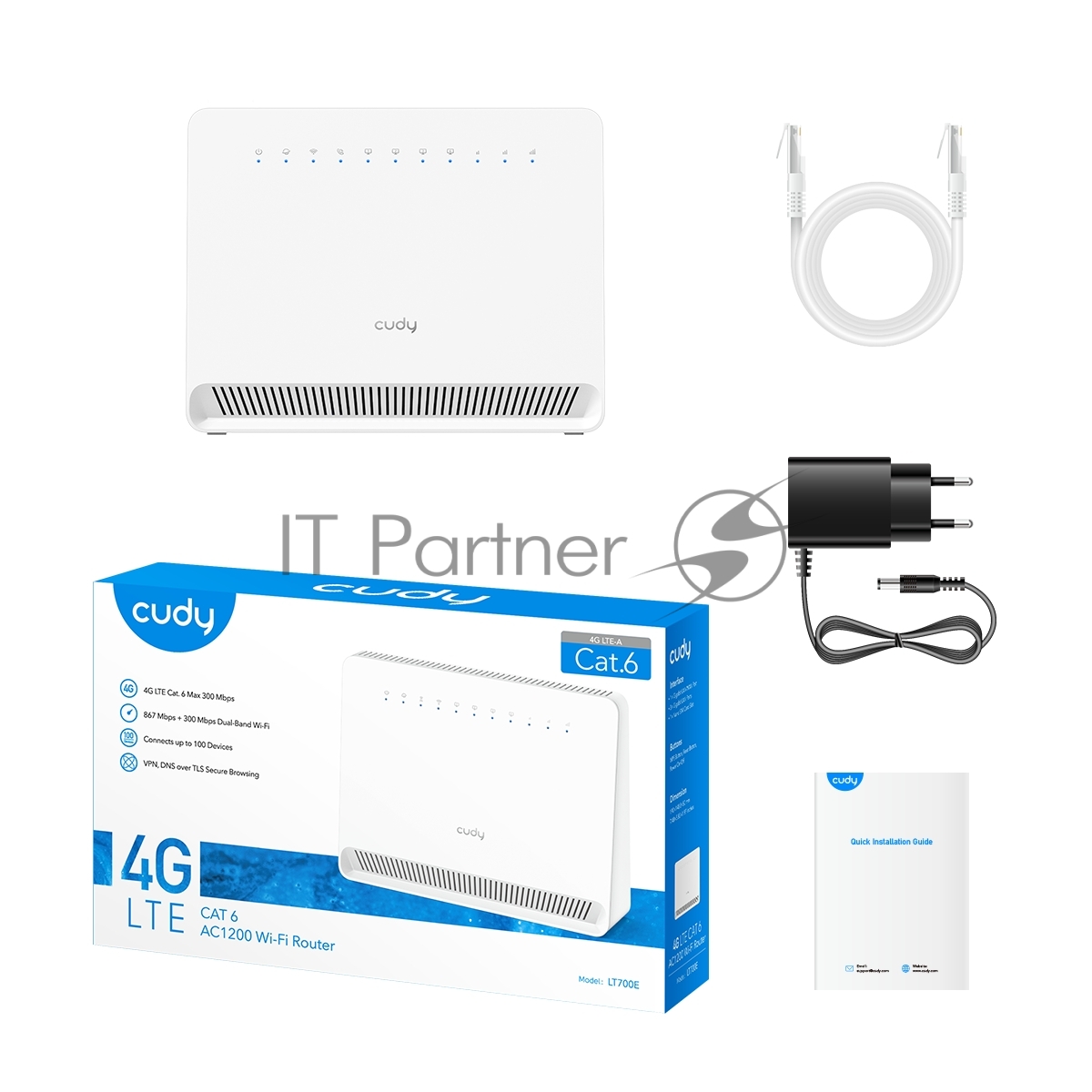 Маршрутизатор AC1200 Wi-Fi 4G LTE Cat 6 Gigabit Router, 4 10/100/1000M RJ45 Ports, Nano SIM Slot, Quectel module inside,build-in 4G LTE modem, 300Mbps at 2.4GHz + 867Mbps at 5GHz, Internal Antennas, PPTP/L2TP/OpenVPN/WireGuard VPN, DNS over Cloudflare/Google/Quad9, DDNS, SMS, Band locking, TR069, TR111, Cudy Mesh Support
