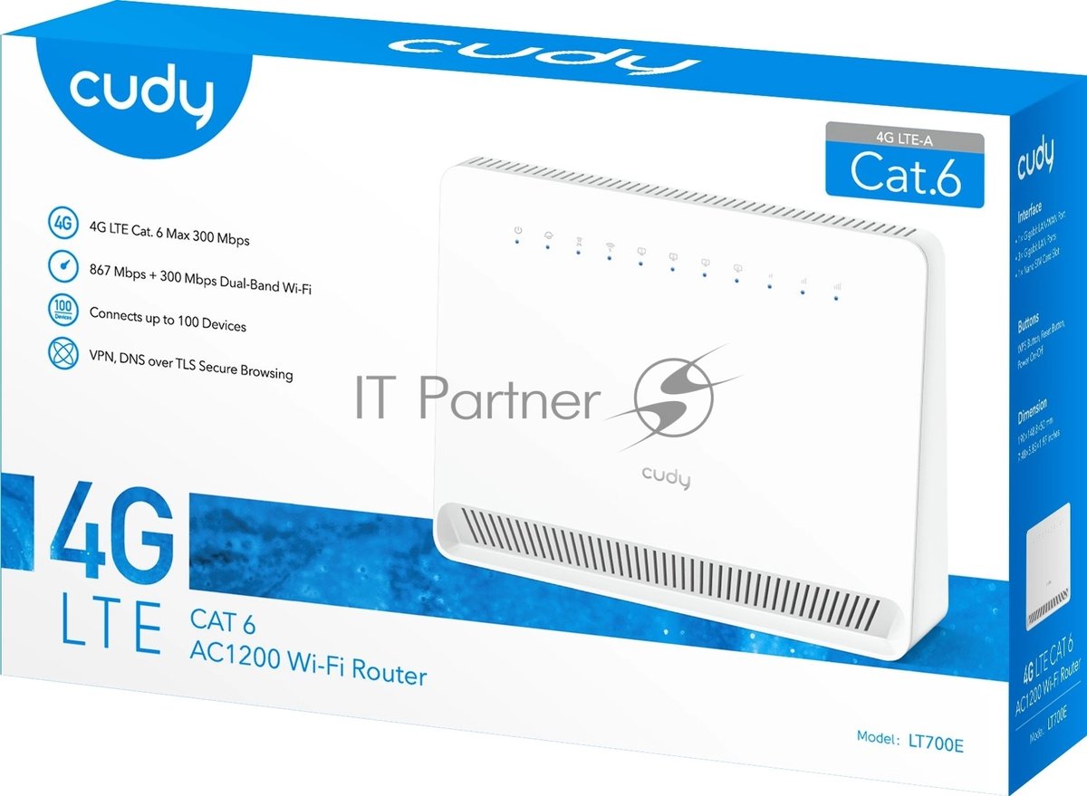 Маршрутизатор AC1200 Wi-Fi 4G LTE Cat 6 Gigabit Router, 4 10/100/1000M RJ45 Ports, Nano SIM Slot, Quectel module inside,build-in 4G LTE modem, 300Mbps at 2.4GHz + 867Mbps at 5GHz, Internal Antennas, PPTP/L2TP/OpenVPN/WireGuard VPN, DNS over Cloudflare/Google/Quad9, DDNS, SMS, Band locking, TR069, TR111, Cudy Mesh Support
