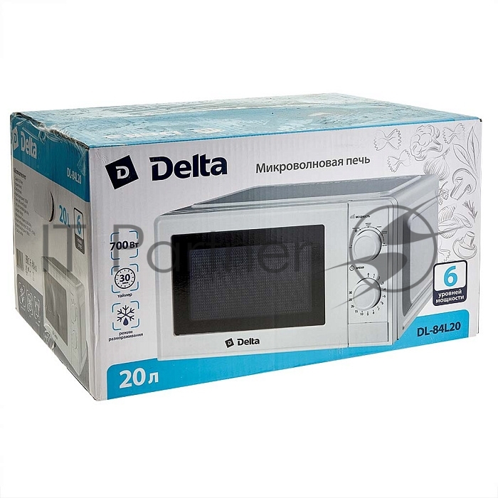 Микроволновая печь Delta DL-84L20 белый, 20 л, 700 Вт, переключатели - поворотный механизм