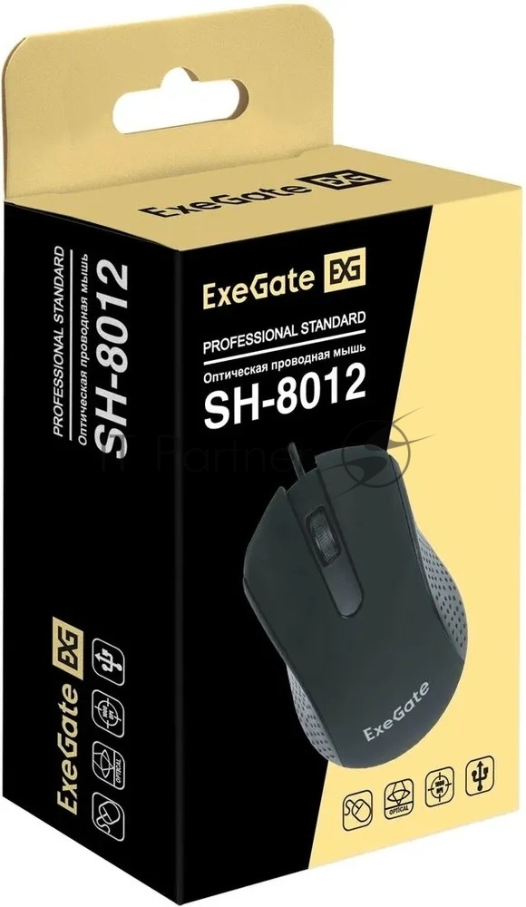 Exegate EX298192RUS Мышь ExeGate Professional Standard SH-8012 (USB, оптическая, 1000dpi, 3D, 3 кнопки и колесо прокрутки, длина кабеля 1,35м, черная, Color Box)