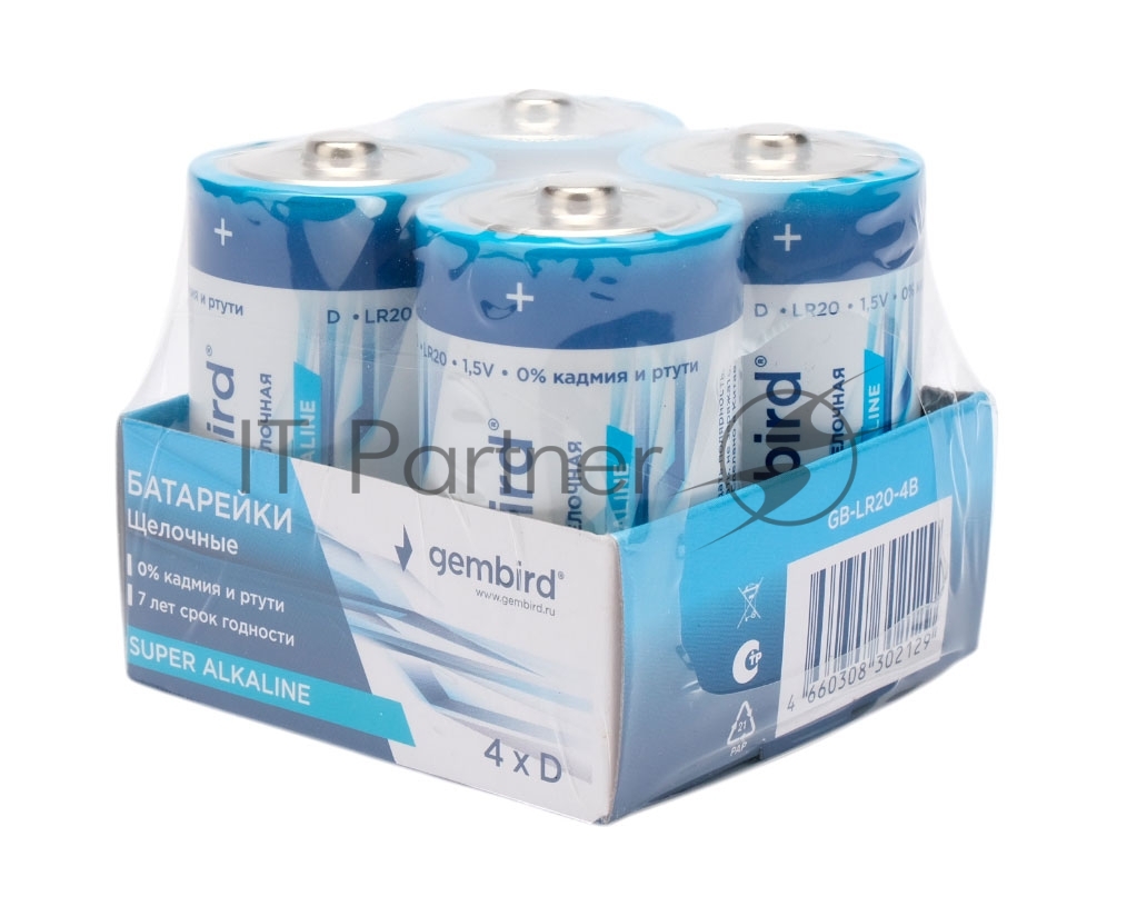 Батарейки щелочные/алкалиновые Gembird Gb-LR20-4B, тип D(LR20), 4шт, коробка