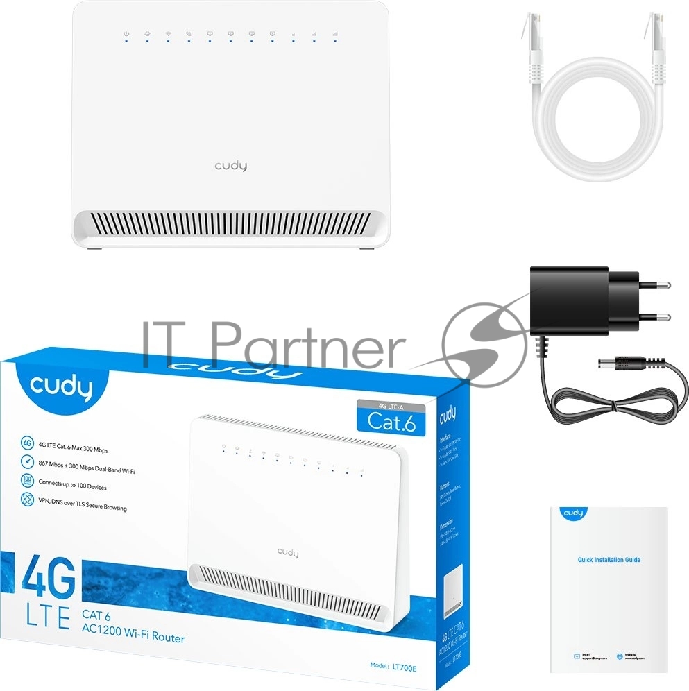 Маршрутизатор AC1200 Wi-Fi 4G LTE Cat 6 Gigabit Router, 4 10/100/1000M RJ45 Ports, Nano SIM Slot, Quectel module inside,build-in 4G LTE modem, 300Mbps at 2.4GHz + 867Mbps at 5GHz, Internal Antennas, PPTP/L2TP/OpenVPN/WireGuard VPN, DNS over Cloudflare/Google/Quad9, DDNS, SMS, Band locking, TR069, TR111, Cudy Mesh Support