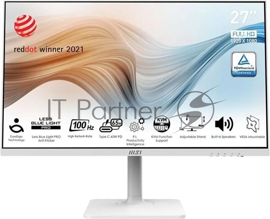 Монитор 27" MSI Modern MD272QXPW IPS 2560x1440, 100 Гц, 4 мс, 16:9, 400 кд/м², HDMI 2.0b, DP 1.2a, USB-C (98 Вт), USB Hub (2x USB 2.0), 3.5 Jack, HDR10, белый