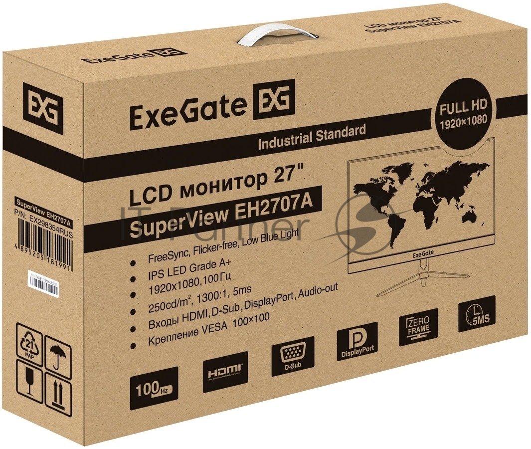(Поврежденная упаковка) Монитор 27" ExeGate SuperView EH2707A IPS 1920x1080, 100 Гц, 5 мс, 16:9, 250 кд/м², HDMI 2.0, DP, VGA, 3.5 мм, FreeSync, черный